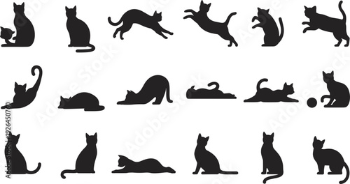 Assortment of Black Cat Silhouettes in Various Poses on White Background cats feline