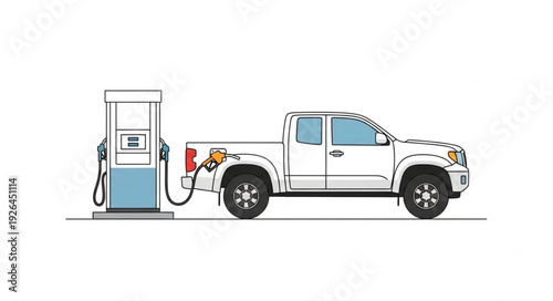 White Pickup Truck Refueling at Gas Station.