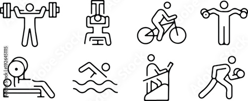 gym fitness training black line icon set vector illustration design collection art