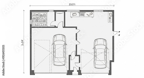 Detailed architectural blueprint showcasing a two-car garage with storage and entry features.