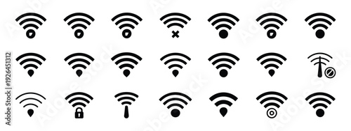 WiFi Signals Icon Set, Collection of Wireless Network Vector Illustrations Showing Connection Strength, Hotspots, and Electronic Waves from Antennas for Communication.