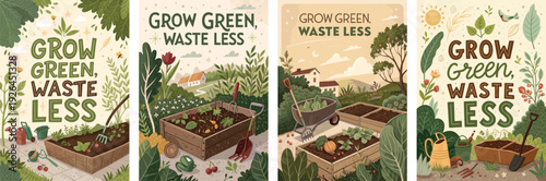 Four beautifully illustrated posters promoting sustainable gardening and waste reduction.