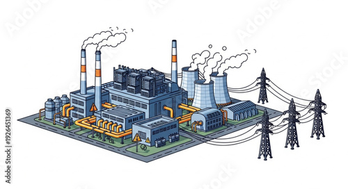 Detailed illustration of a large industrial power plant generating electricity for distribution.