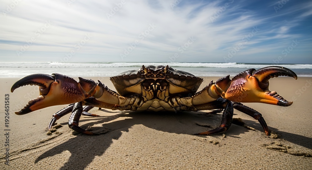 Fototapeta premium Large crab on a sandy beach with ocean and sky in the background, close-up.