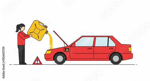 Woman Pouring Gasoline into Red Car.