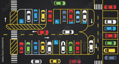 Overhead view of a busy parking lot with various colorful cars parked.