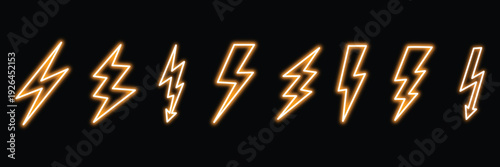Glowing Neon Lightning Bolt Icon Set with Orange Electric Energy Effects on Black Background
