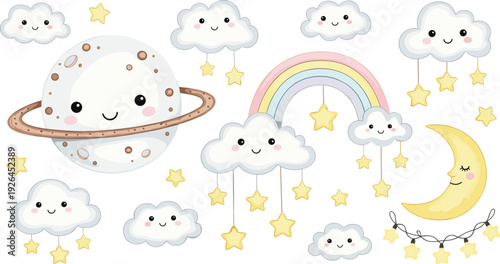 Cute Space Elements Set with Smiling Planet Rainbow Moon and Clouds