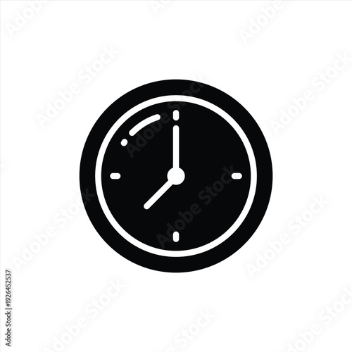Clock icon showing time, representing punctuality, schedule, time management, or deadlines. Simple black and white vector illustration.