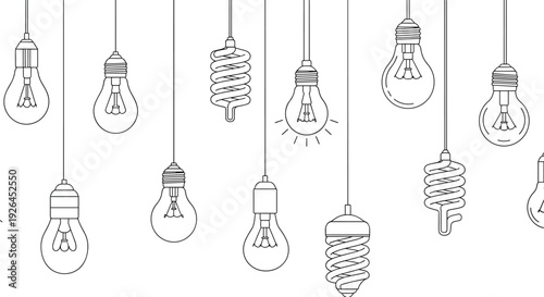 Assorted light bulbs hanging from wires including traditional and energy-efficient spiral designs in a minimal line art style.