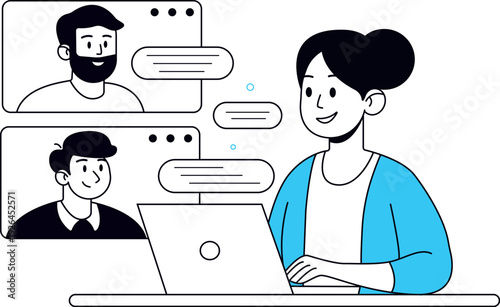 Flat illustration of remote work and online meeting with laptop, chat bubbles, video call or distance learning. The colors are calm, mainly blue tones