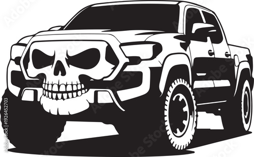 black and white illustration of pickup truck with skull on front grille