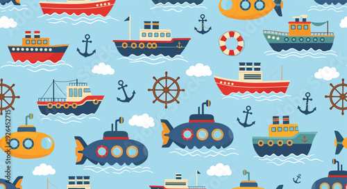 Playful seamless pattern with various ships and submarines sailing on a blue sea for children's textile and wallpaper.