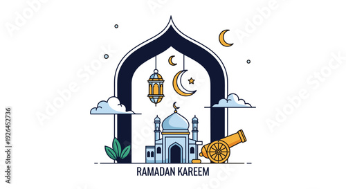 Beautiful Ramadan Kareem illustration featuring a mosque, crescent moon, and lanterns framed in an architectural arch.