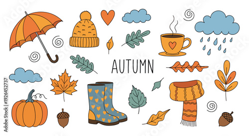 Charming collection of autumn elements including leaves, pumpkin, scarf, and warm coffee for seasonal fall designs.