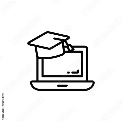 Online education concept: laptop computer with a graduation cap on top, symbolizing distance learning and academic achievement.