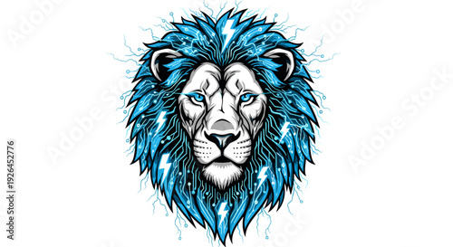 Vibrant Blue Lion Head Illustration Art.