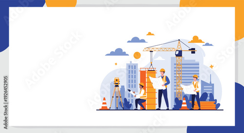 Construction team working on a new city building project with engineers, cranes, and skyscrapers in the background.