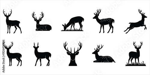 Ten Black Deer Silhouettes with Antlers in Various Poses on White Background animal wildlife