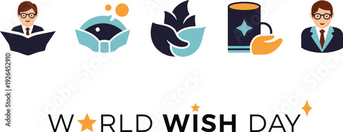 World Wish Day symbolic minimalist icon set, hourglass cloud planet line vector collection
