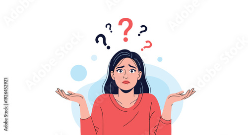 Young woman looking confused with several question marks above her head representing doubt and decision making.