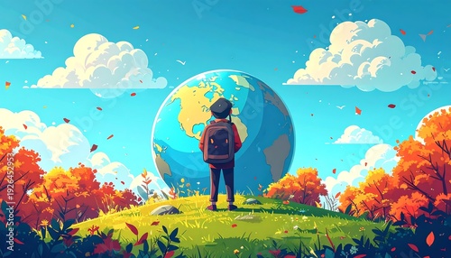 A person with a backpack stands on a grassy hill, gazing at a large globe under a blue sky, surrounded by colorful foliage