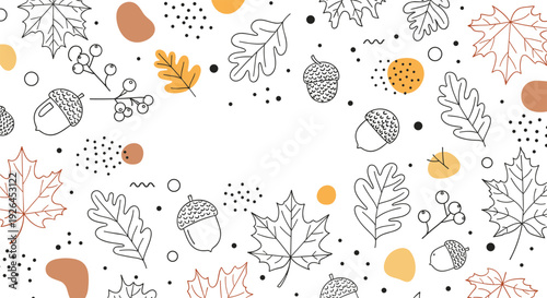 Elegant autumn-themed background with line art leaves, acorns, and warm colored spots on a clean white background.