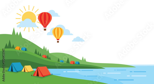 Scenic outdoor camping landscape with colorful tents on green hills by the water under a bright sun with balloons.