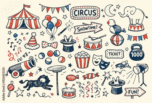 Vintage Circus Performance Doodle Set with Elephant, Lion, Magic Hat and Cannon Vector Illustration