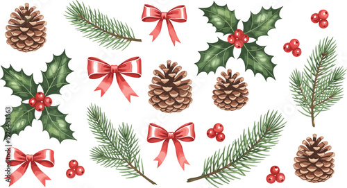 Christmas Pine Cones Holly Berries and Red Ribbon Vector Set