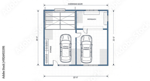 Detailed architectural blueprint showcasing a garage with two cars and a storage area.