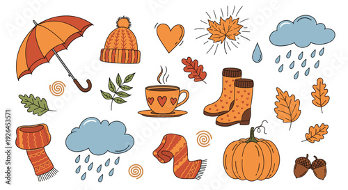 Charming collection of autumn seasonal icons including cozy clothing warm drinks and colorful falling leaves.