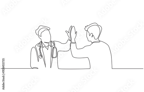 Continuous one line drawing of psychiatrist giving high five to young man, psychotherapy for teenager concept, single line art.