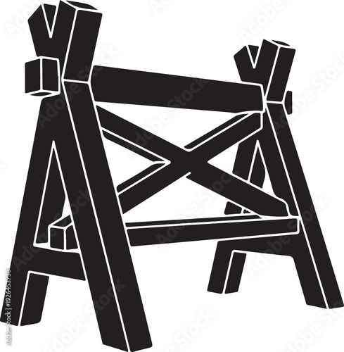 Black Wooden Sawhorse Structure With Cross Bracing trestle support