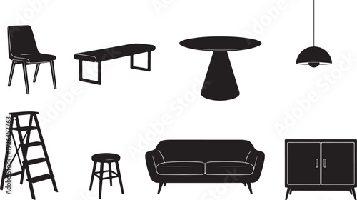 Collection of Black Furniture Silhouettes on White Background group