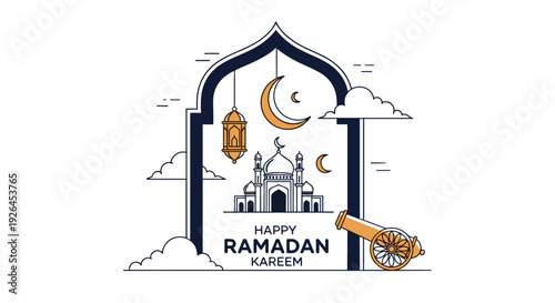 Traditional ramadan kareem greeting banner featuring mosque architecture crescent moon lantern and ceremonial cannon.