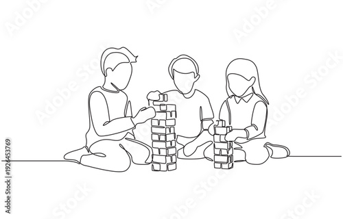 Continuous one line drawing of school kids collaboratively building wooden block towers, heartwarming classroom, joyful learning through play concept, single line art.