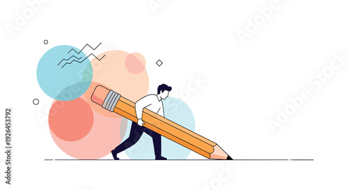 Creative professional man carrying a giant pencil for writing or drawing tasks with abstract colorful circles background.