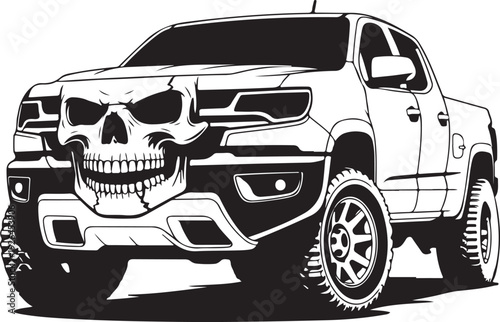 Black and white illustration of pickup truck with skull on front grille