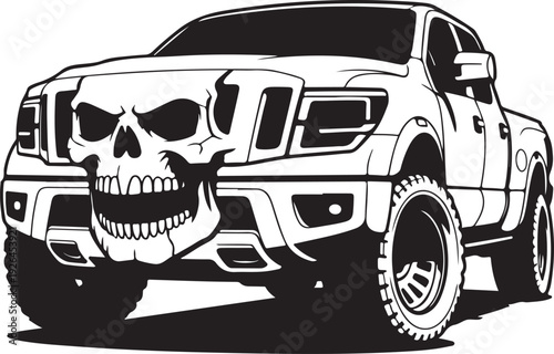 black and white illustration of pickup truck with skull on front grille