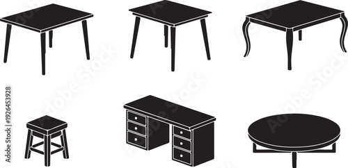 Collection of Black Silhouettes of Various Tables and Stool furniture desk