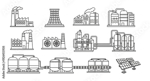 Industrial complex illustration depicting various factory buildings and structures in a line.