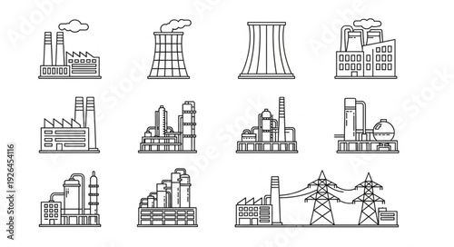 Industrial complex illustration featuring various factory buildings and power plants.