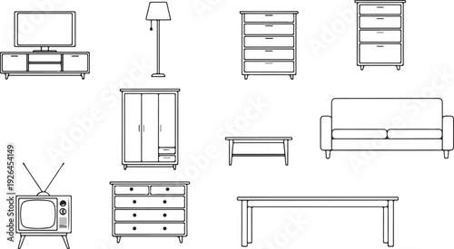 Collection of Outline Furniture Icons for Home Interiors and Living Spaces Keywords: furniture