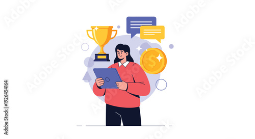 Successful young woman standing with a tablet surrounded by a golden trophy coins and speech bubbles for achievement.