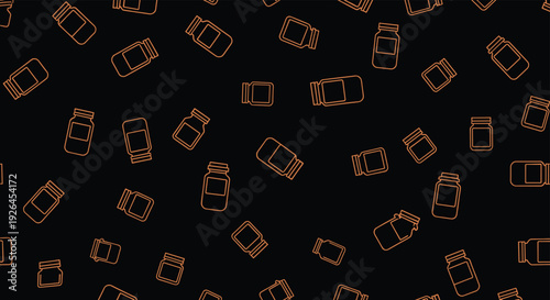 Seamless background pattern of small glass jars with orange labels and outlines repeating on a solid black background.