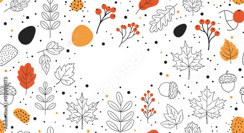 Seasonal autumn frame border with line art leaves acorns and berries with solid orange dots on a white background.