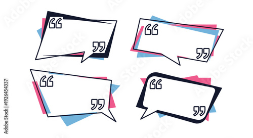 Set of four modern quote frames with speech bubbles quotation marks and colorful geometric backgrounds for social media.