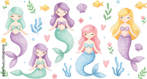 Cute Pastel Mermaid Girls with Sea Plants and Hearts Vector Set