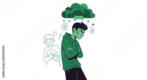 Illustration of Frustrated Man with Cloud Overhead in Green Tones
